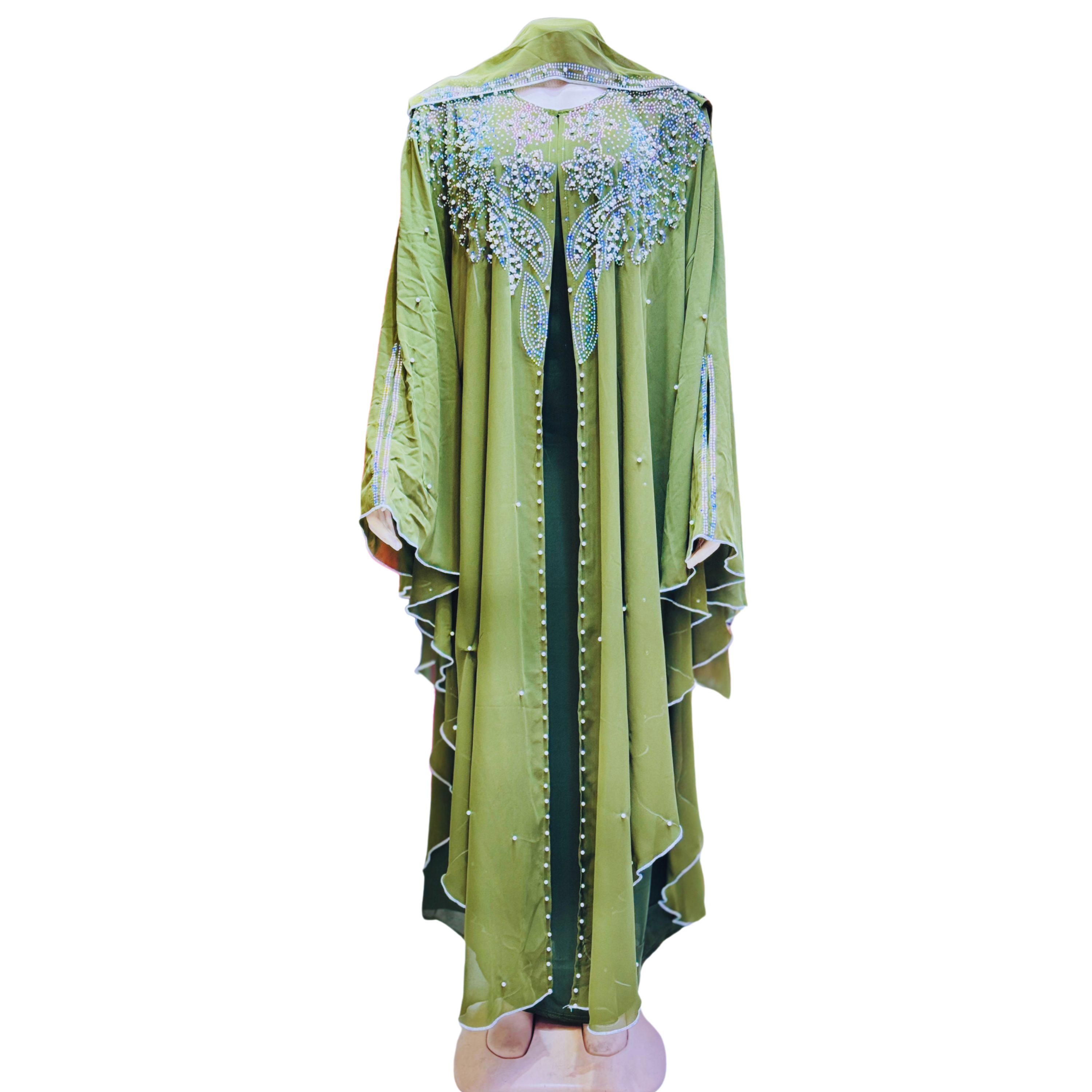 Faded Green Serenity with Silver Stitching Abaya